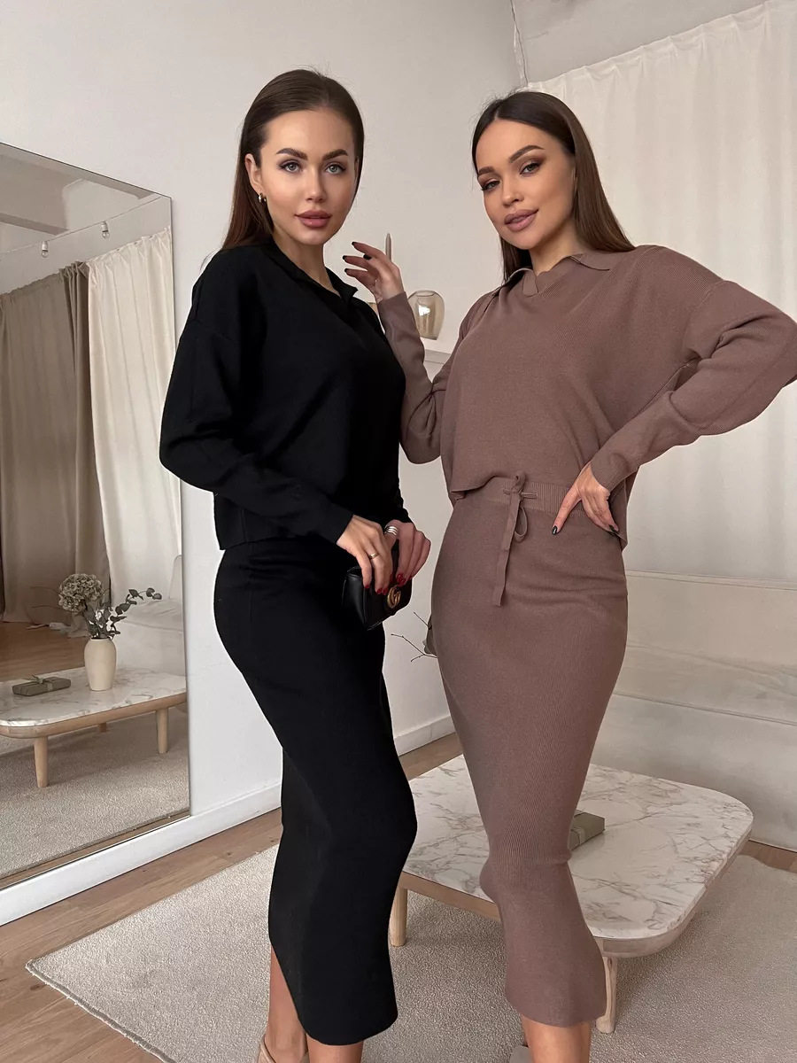 2025 New Autumn and Winter European and American Style Knitted Suit for Women, Core-Spun Yarn, Soft Slit Sweater and Lace-Up Skirt