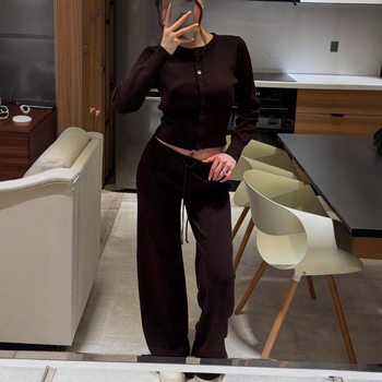2025 European and American Autumn and Winter Knitted Suit Pure Color Cardigan Top Women's Round Neck Knitwear Knitwear Straight Pants Suit
