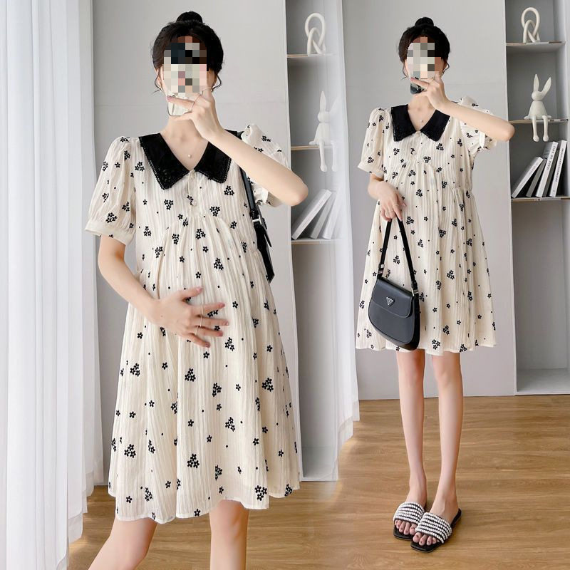 Maternity Wear Summer Internet Celebrity Korean Style Fashionable Doll Collar Loose Floral Maternity Mid-Length Slimming Maternity Dress
