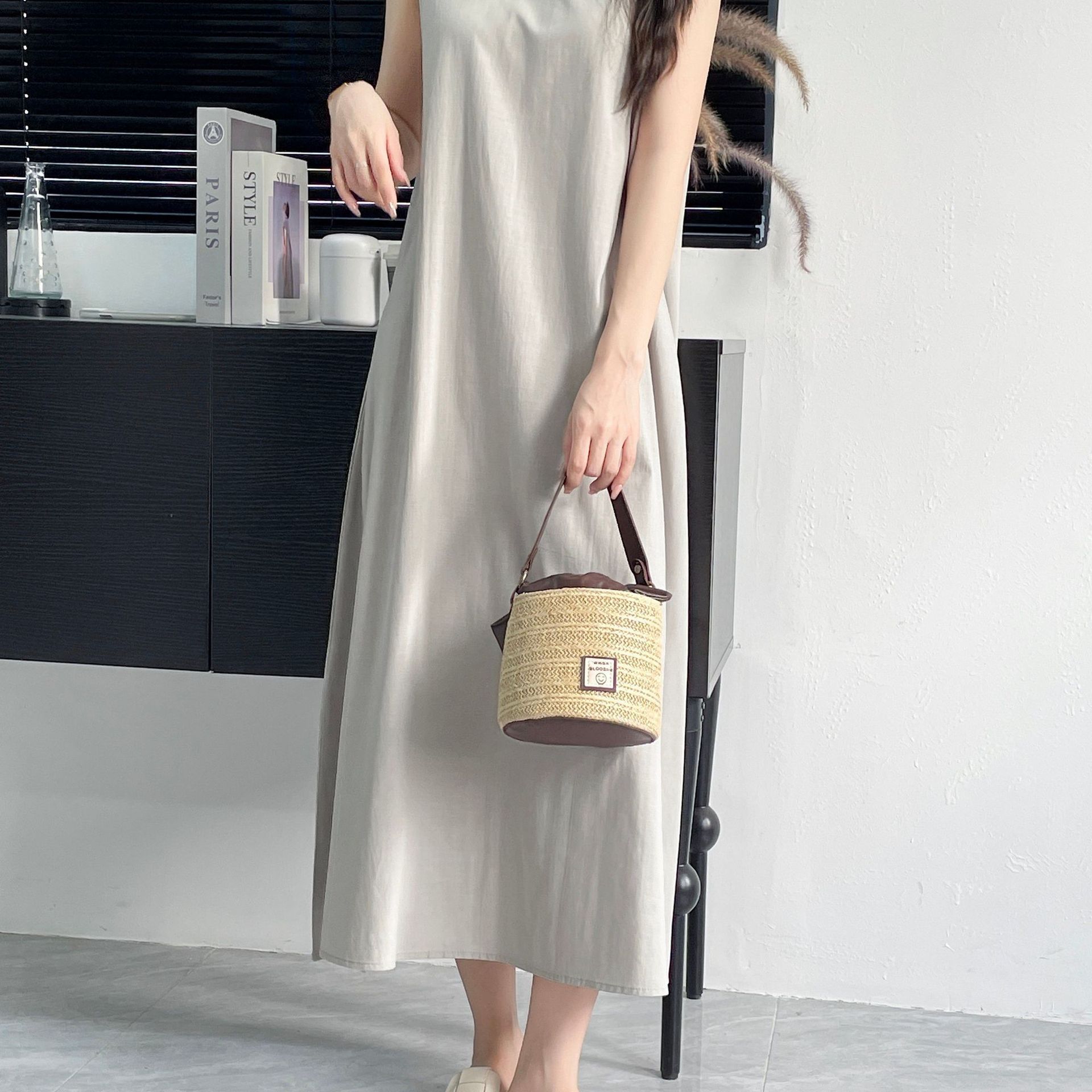 Summer Maxi Dress Loose Fit Round Neck Sleeveless Solid Color Casual Style for Everyday Wear Wholesale Available