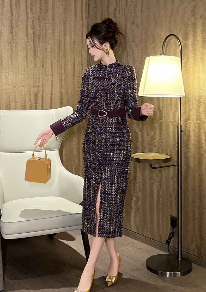 Đầm tweed nữ dài tay hai hàng khuy thắt eo ôm hông — Màu tím, Màu cà phê sữa