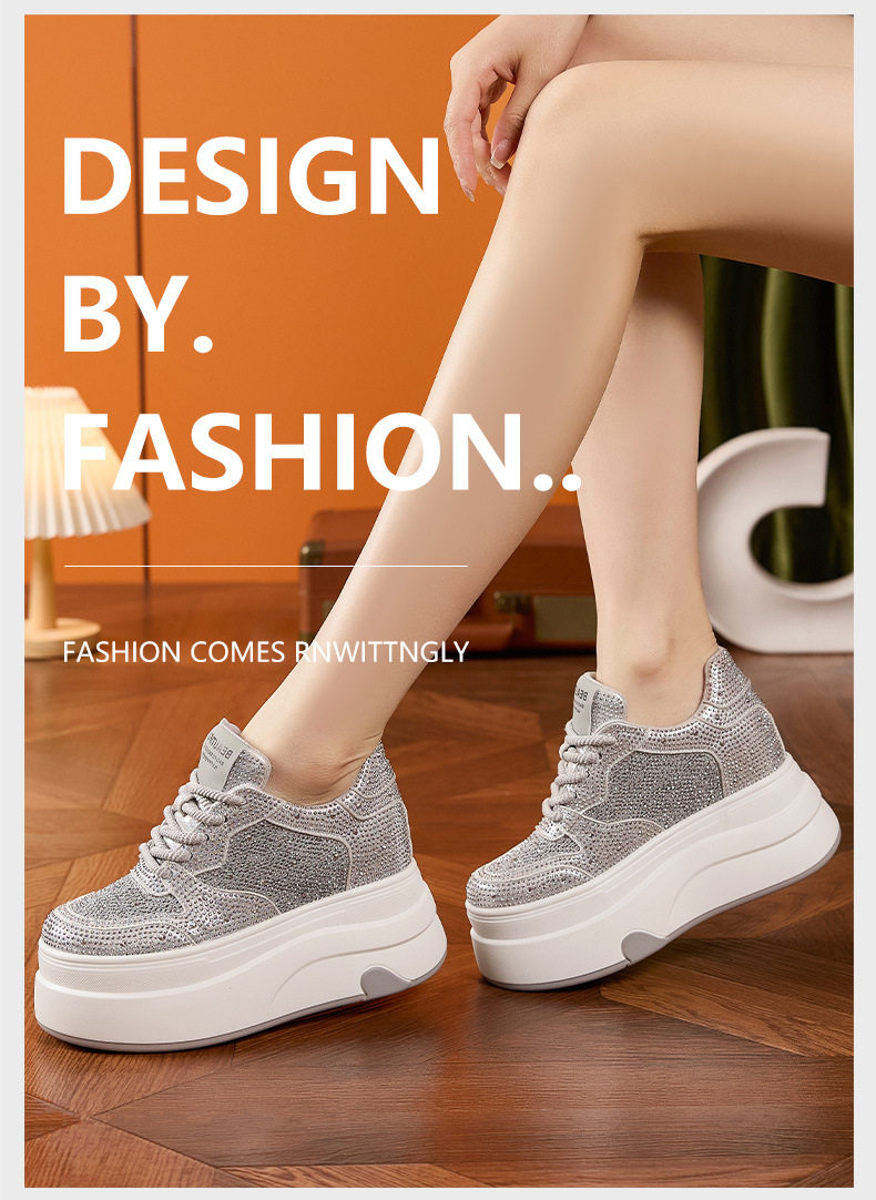Giày sneaker nữ chunky đế dày platform trắng phối đá rhinestone — Trắng, Bạc chi tiết 10