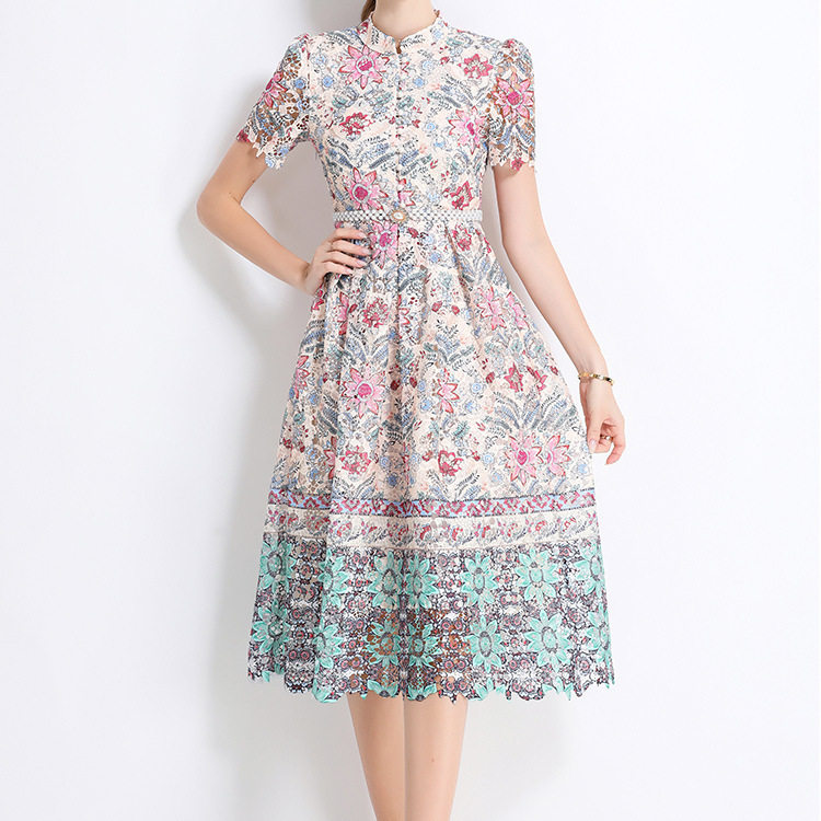 Elegant French Style Womens Dress Summer Collection Intricate Lace Hollow Out Design Button Closure Long Length