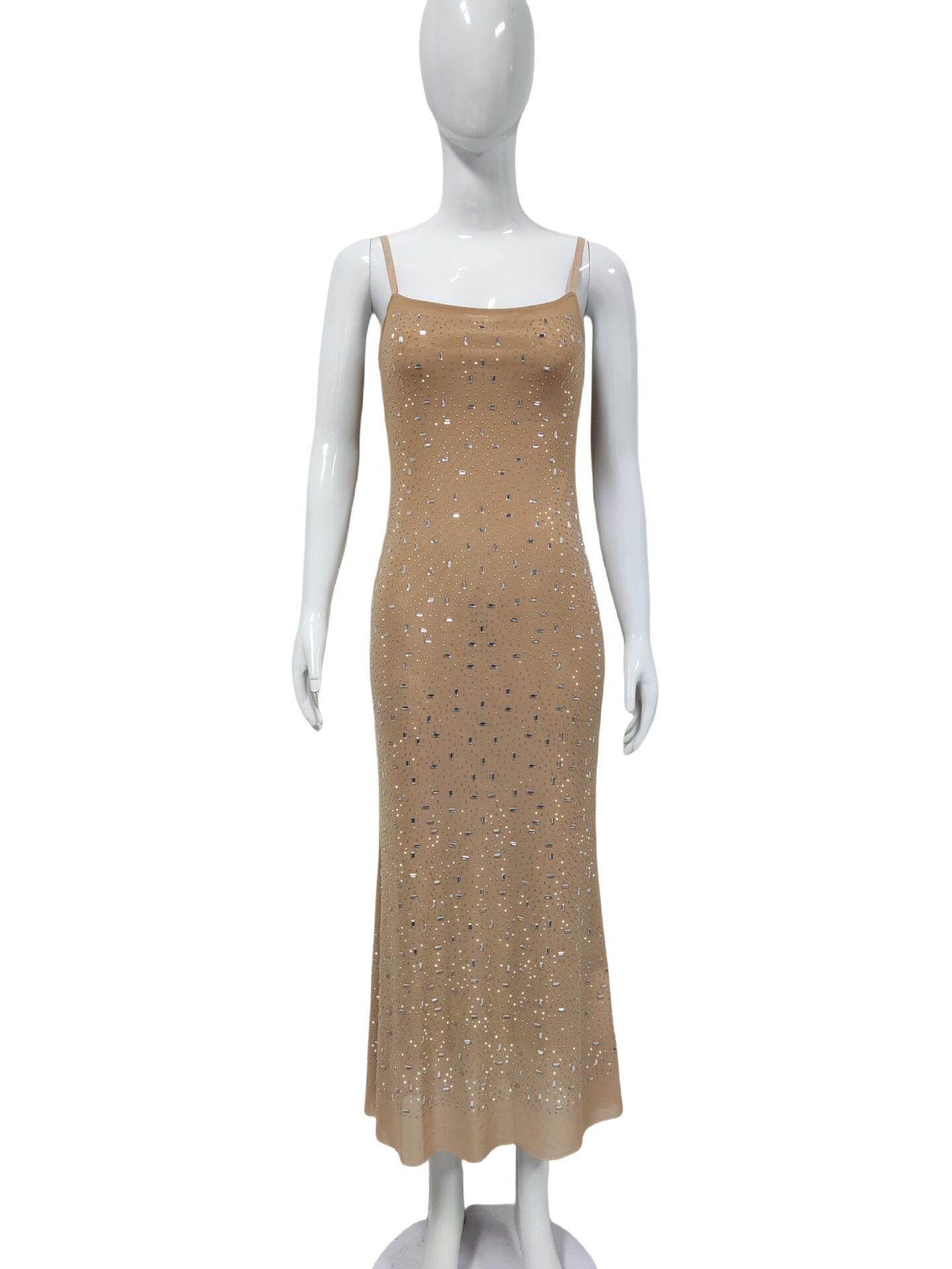 Elegant French Style Bodycon Maxi Dress Heavy Rhinestone Embellishments Spaghetti Straps Formal Evening Wear