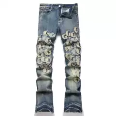 Cross-border Amazon AliExpress foreign trade jeans men's embroidery trend ripped printed patch stretch jeans