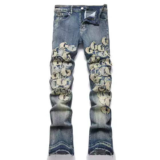 Cross-border Amazon AliExpress foreign trade jeans men's embroidery trend ripped printed patch stretch jeans