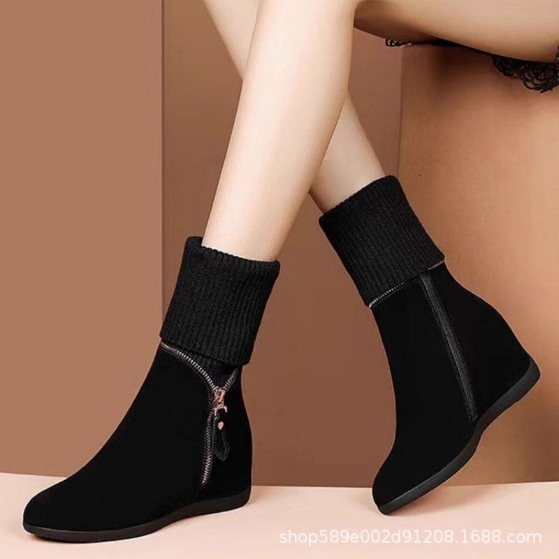 Boot nữ cổ trung gót nêm mũi tròn giữ ấm dáng thanh lịch — màu đen, màu xám