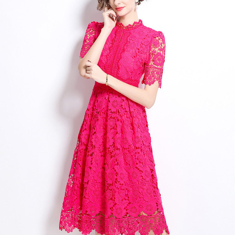 Vintage Elegant Hollow Out Lace Dress Water Soluble Floral Design Slim Fit Short Sleeve Formal Occasion Wholesale