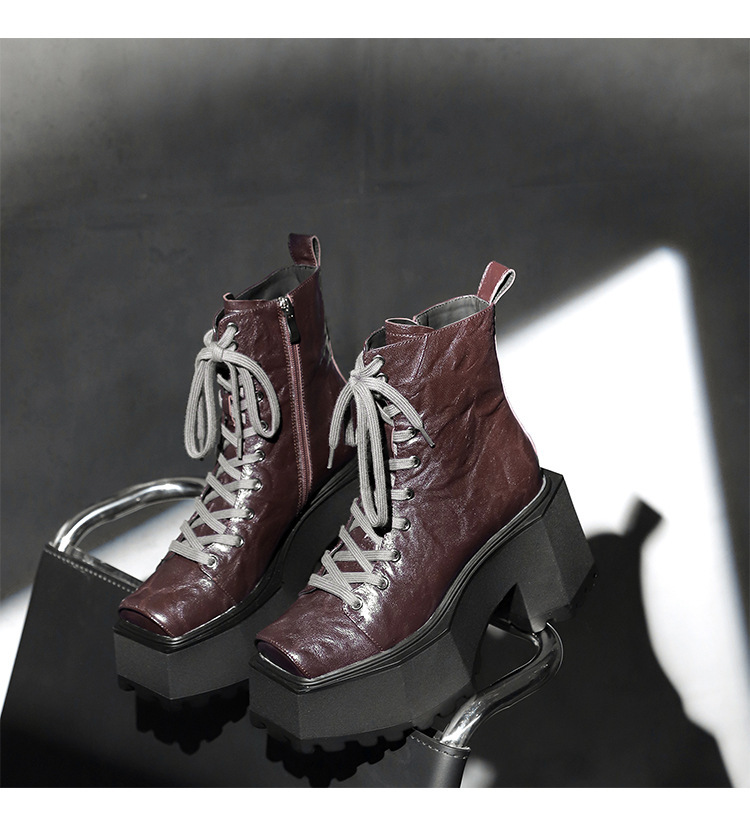 Boot Martin nữ đế dày 9cm mũi vuông gót thô tăng chiều cao — Màu đen lót một lớp, Màu đen lót nhung, Màu nâu lót một lớp, Màu nâu lót nhung