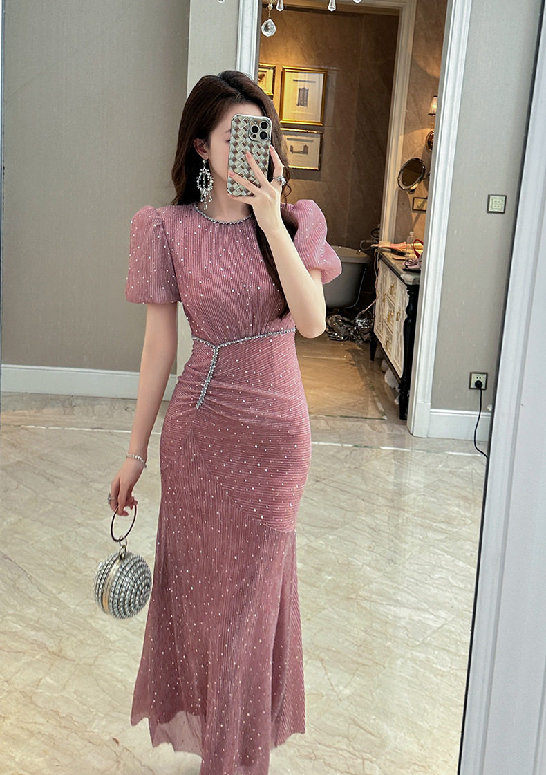 Đầm maxi nữ đuôi cá tay bồng cổ tròn cao eo — [Hồng], [Đen] chi tiết 1