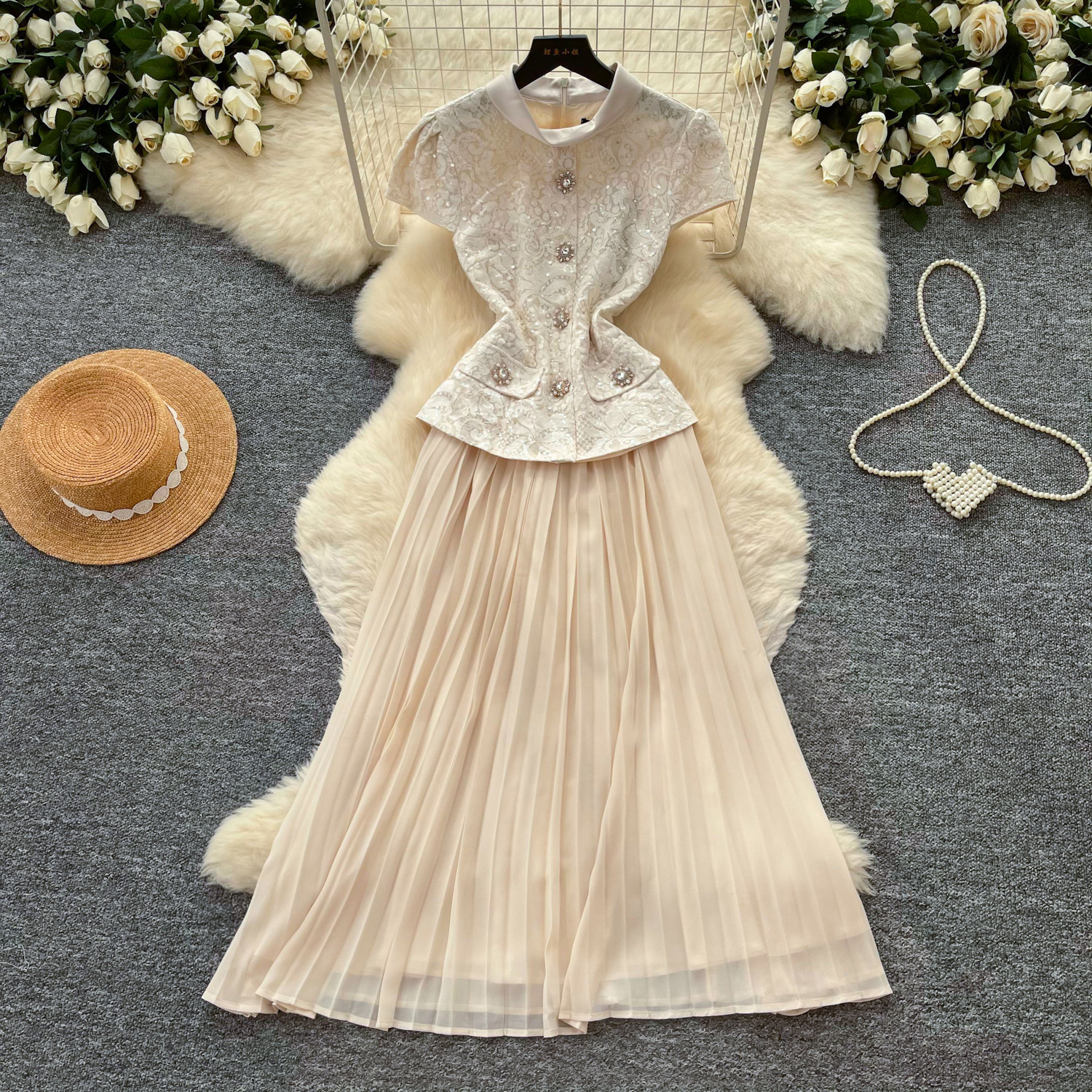 Elegant Pink Lace Dress High Waist Pleated Slim Fit Summer Office Wear for Women Wholesale Available
