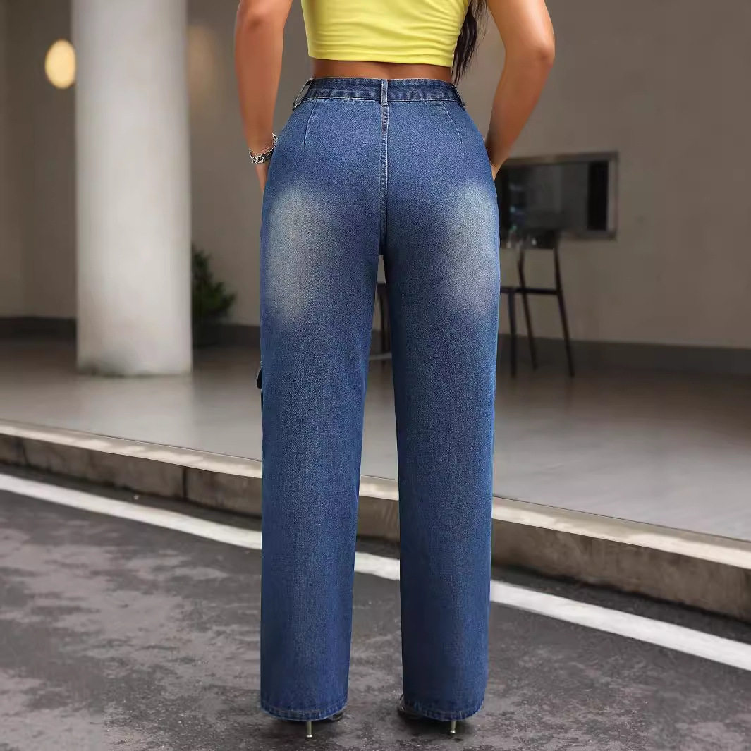 High Waisted Denim Cargo Pants Slim Fit Pocket Design Casual Style Perfect for Everyday Wear Wholesale Available