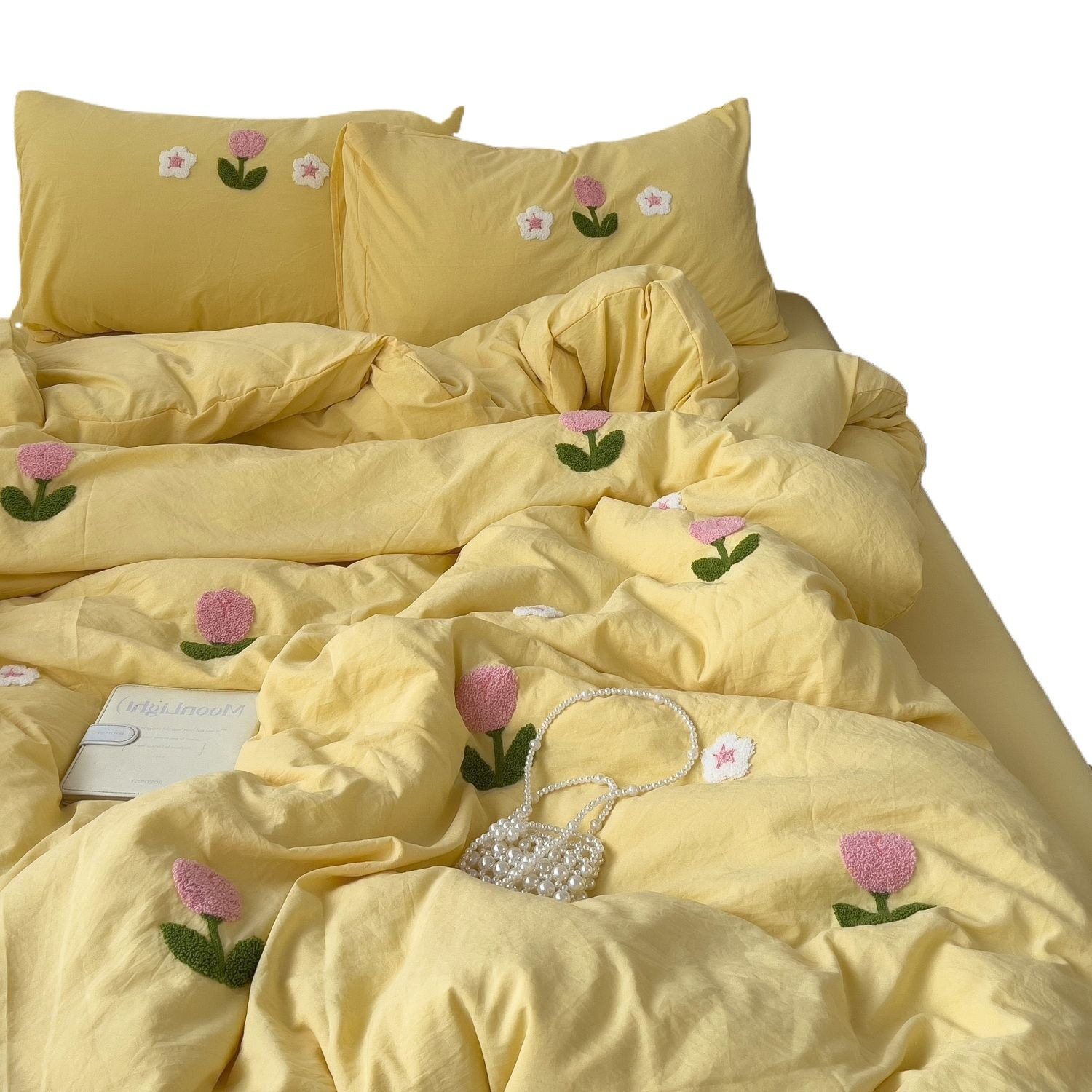 Ins Small Fresh Green Tulip Fragrance Washed Cotton Four-Piece Towel Embroidered Quilt Cover Dormitory Bed Bed Sheets Three-Piece Set