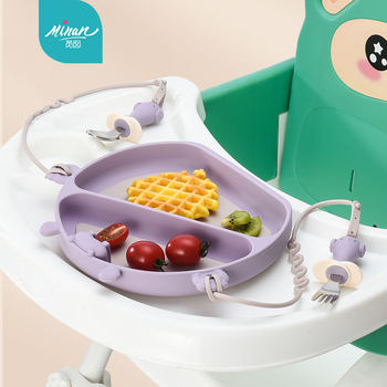 Children's Silicone Dinner Plate Set, Suction Cup Bowl, Baby Divided Plate, Divided Plate, One-Piece Anti-Slip and Anti-Fall with Spoon and Fork