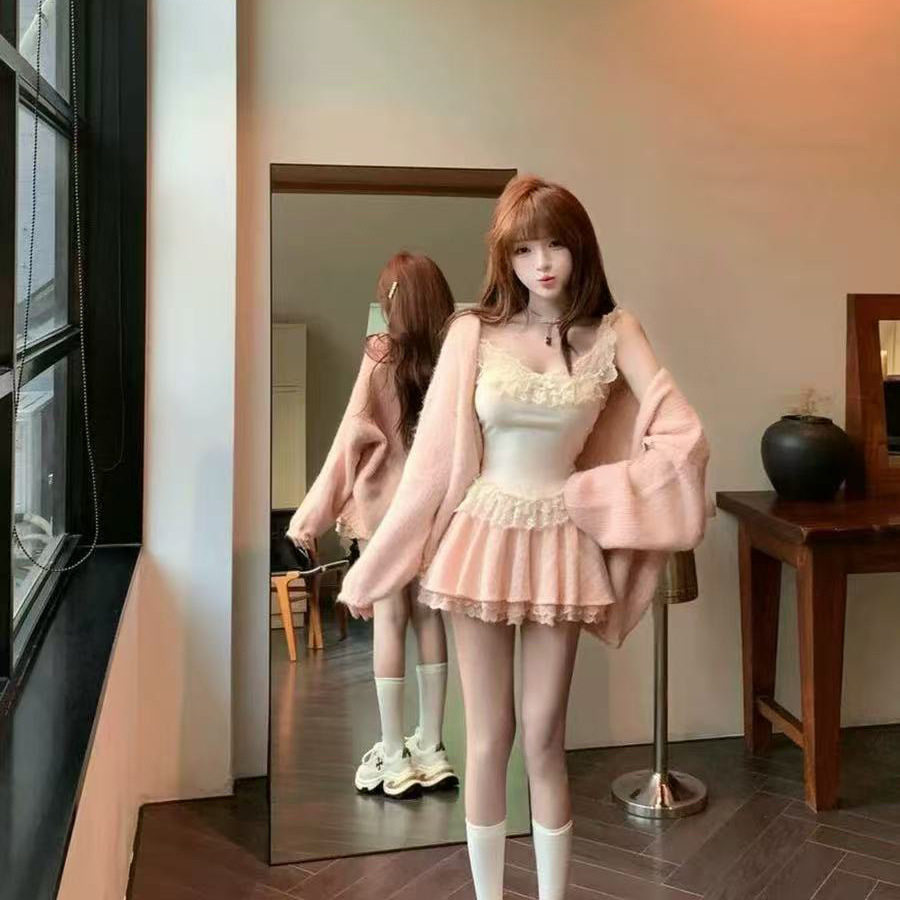 Autumn New Style French Style Sweet, Gentle and Pure Lust Style Slim Niche Lace Suspender Skirt Suit Two-Piece Set