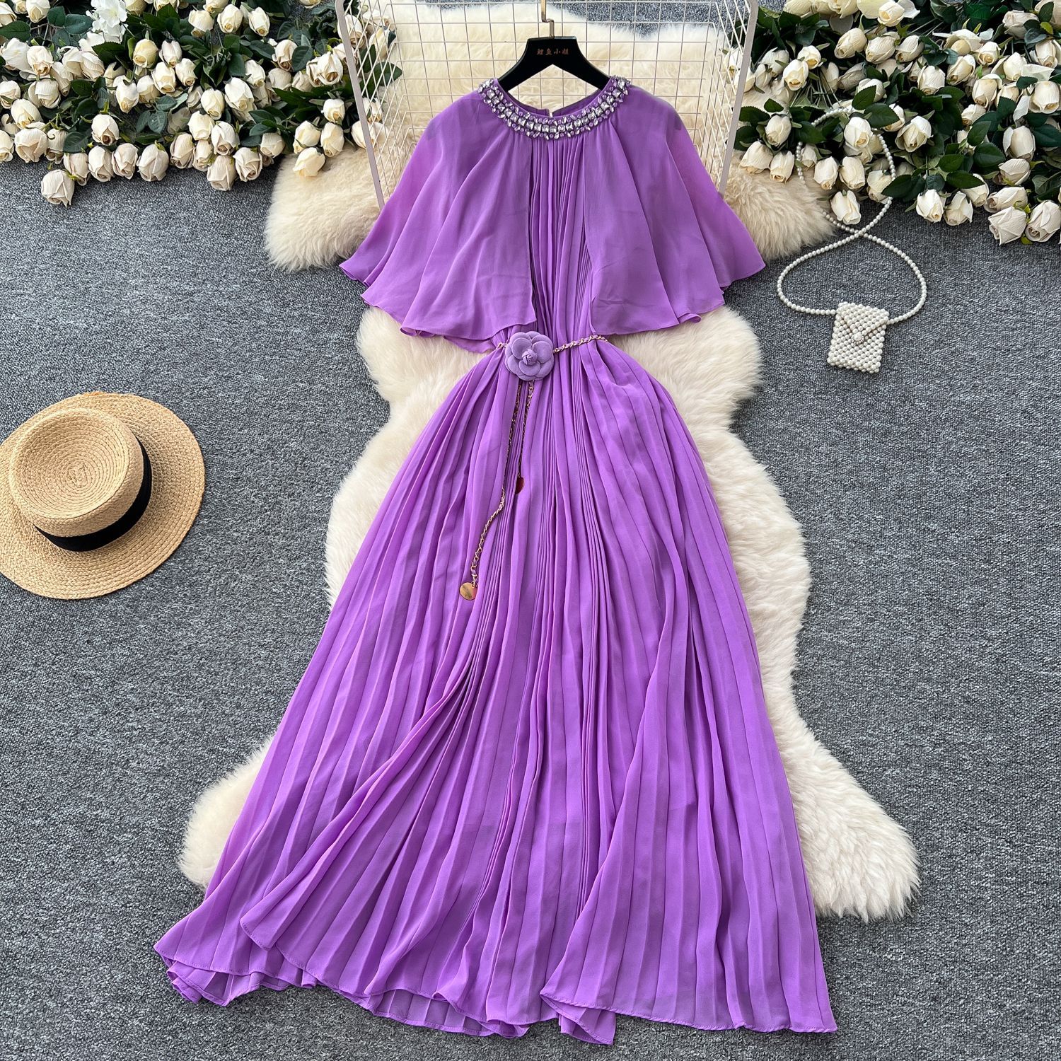 French Style Elegant Chiffon Dress Embellished Round Neck Waist Tie Pleated Design Perfect for Parties and Special