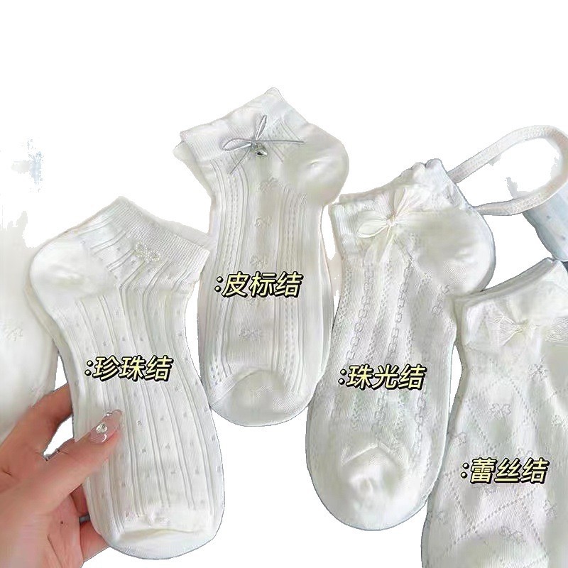 早春新款蝴蝶结白色袜子女卷边jk袜子夏季超薄透气棉袜日系船袜