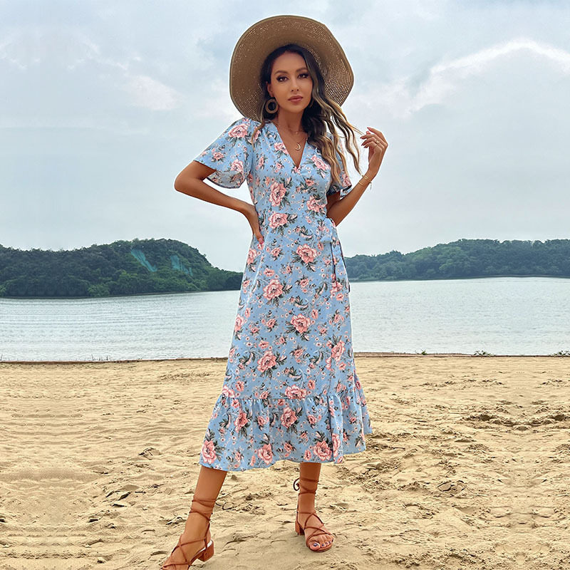 Elegant Summer Beach Dress for Women European Style Lace Up Design Lightweight Fabric Perfect for Vacations