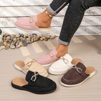 Cross-Border Foreign Trade Large Size Autumn New Flat Suede Metal Buckle Retro Outer Wear Lazy Toe Half Slippers for Women in Stock