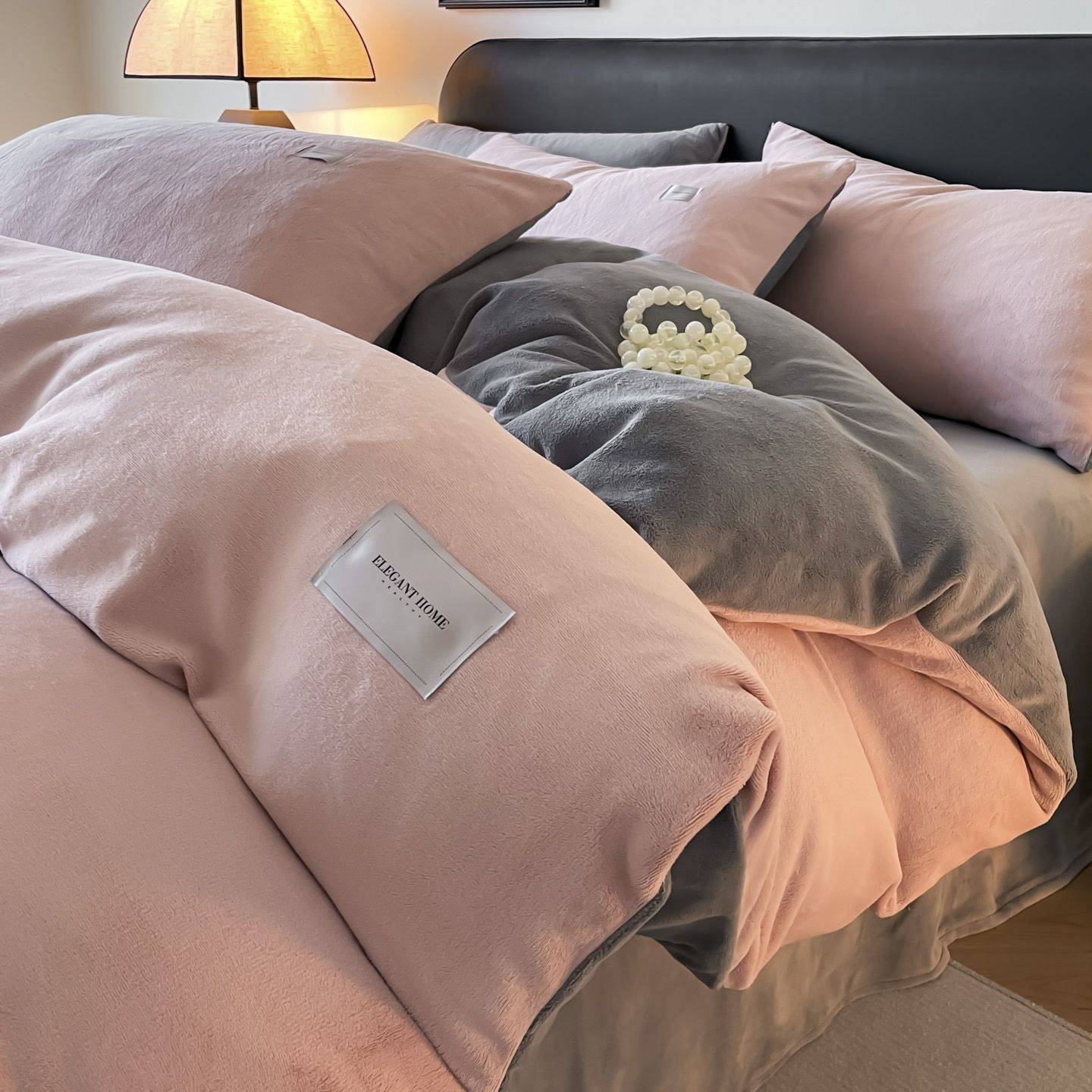 Colored Milk Velvet Four-Piece Set Thickened Warm Coral Flannel Plus Velvet Quilt Cover Winter Bed Sheets Three-Piece Set