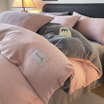 Colored Milk Velvet Four-Piece Set Thickened Warm Coral Flannel Plus Velvet Quilt Cover Winter Bed Sheets Three-Piece Set