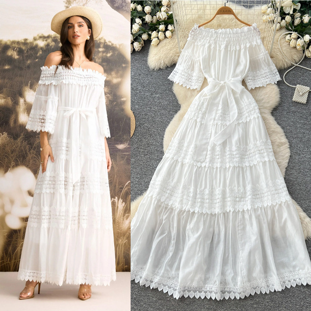 Off Shoulder Ruffle Dress Elegant French Style Short Sleeve Slim Fit Summer Fashion Wholesale Available