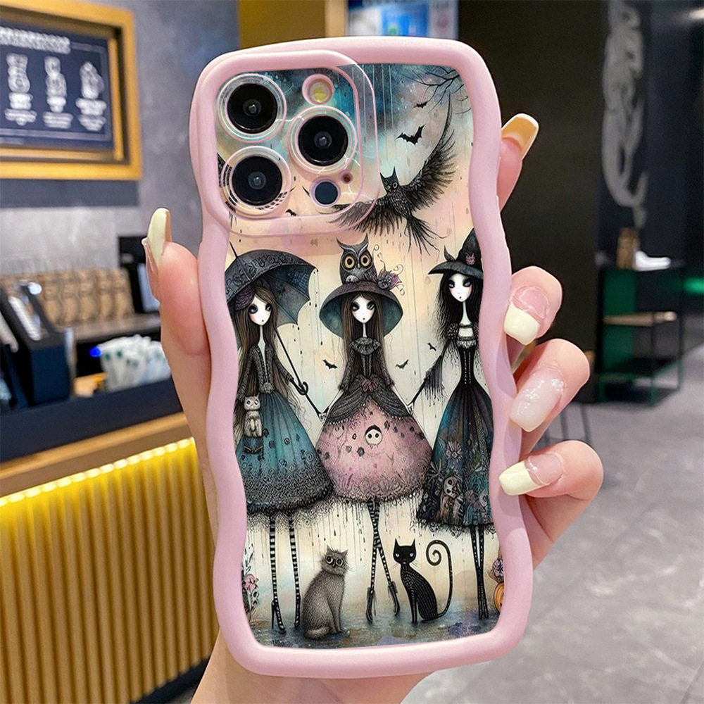 Suitable for Apple iPhone 16Promax Protective Case Black Cat Magic Girl Wavy Edge Anti-Fall Phone Case