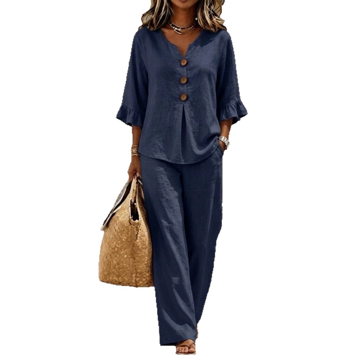 Summer V Neck Casual Top and Long Pants Set Short Sleeve Pocket Design Comfortable Fabric Perfect for Everyday Wear