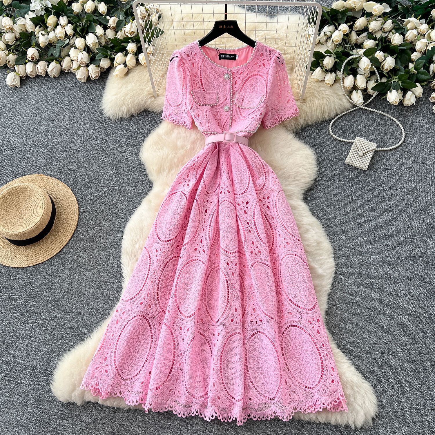 French Elegant Beaded Lace Dress Round Neck Short Sleeve Waist Tie Hollow Out Design Perfect for Parties and