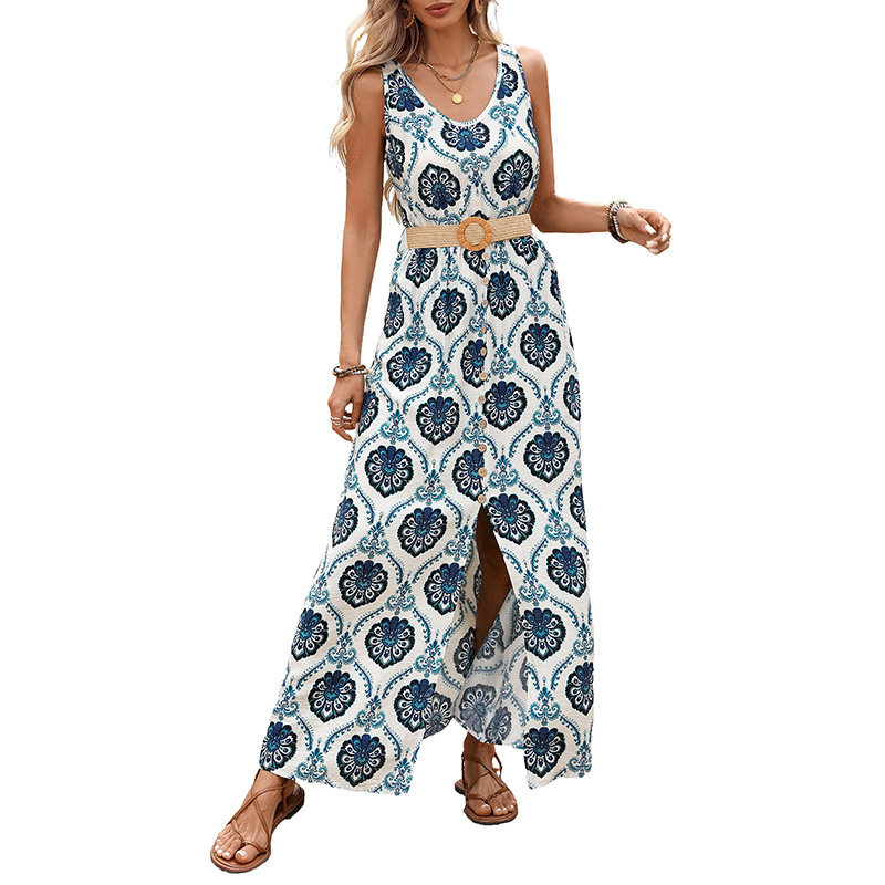 Sleeveless Floral Print Dress Round Neck Split Hem Ethnic Style Perfect for Vacation Wholesale Available