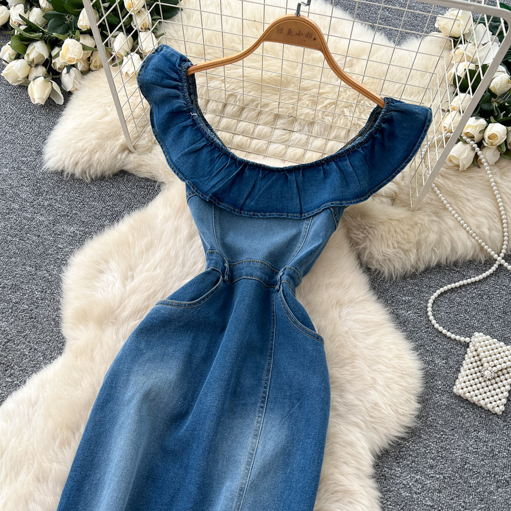 Slim Fit Denim Dress for Women Ruffled Neckline Waist Defined A Line Silhouette Summer Casual Wear Wholesale