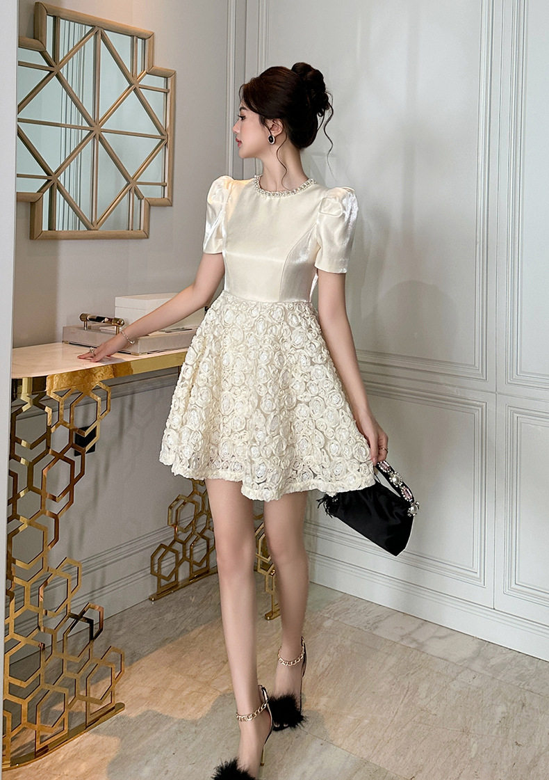 Đầm suông nữ midi tay ngắn cổ tròn chất liệu polyester phong cách phương Tây — [Màu hồng đào] chi tiết 8