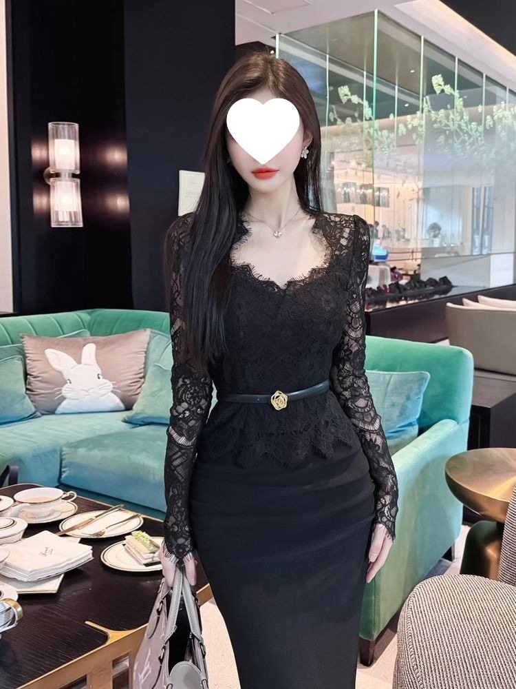 French-Style Sexy Lace Slim-Fit Set for Women 2025 Pure Desire Base Shirt Slimming Bodycon Skirt Two-Piece Set