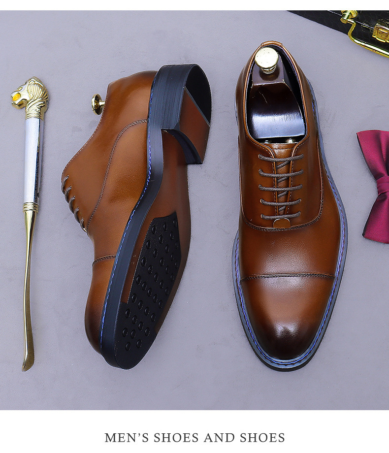 Giày Oxford nam da bò thật mũi tròn buộc dây, giày công sở và giày cưới — Màu nâu (viền xanh), Màu nâu (viền đen), Đen (viền xanh), Đen (viền đen)