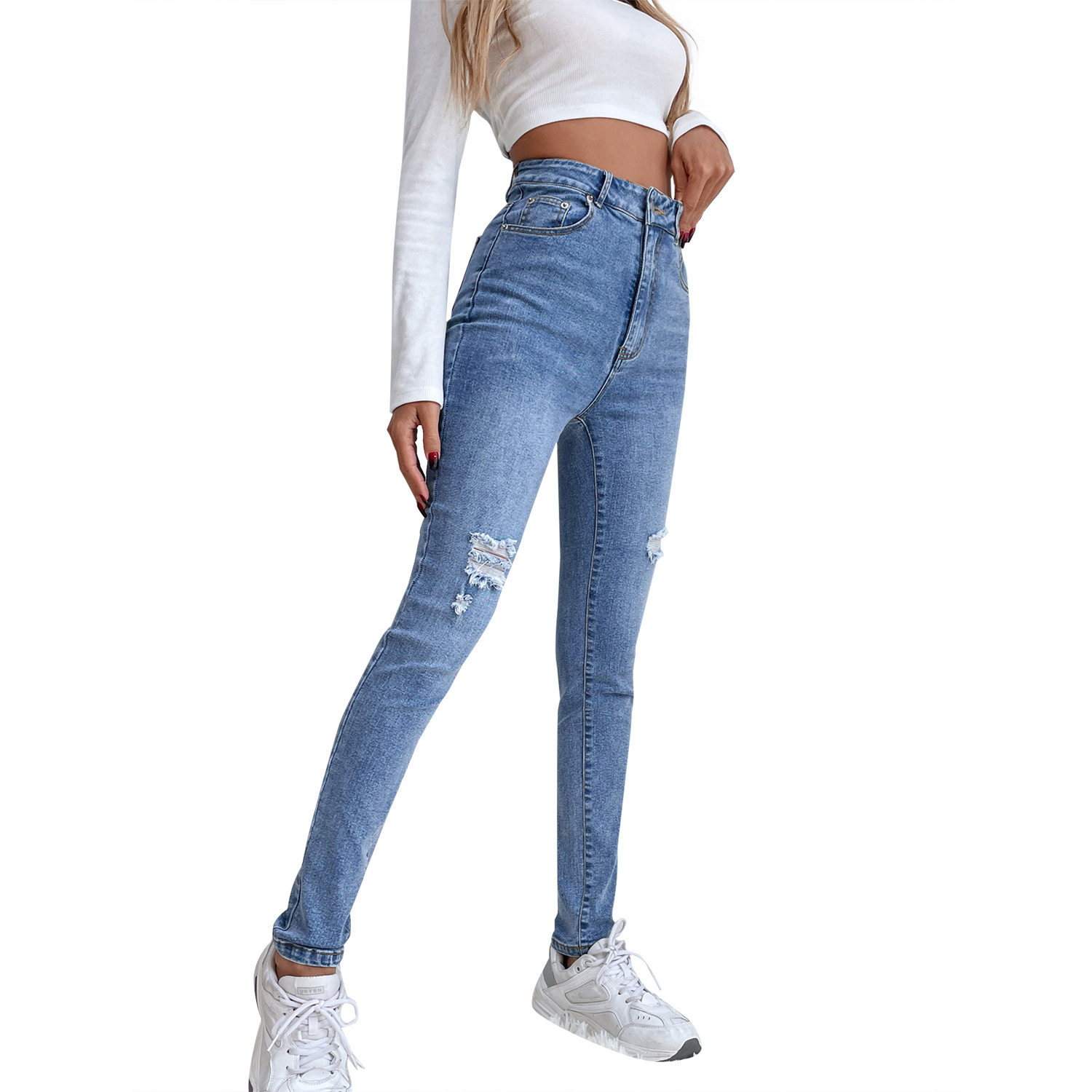 Womens Slim Fit Stretch Denim Pants Mid Rise Tapered Leg Fashionable Design Casual Wear Ready to Ship