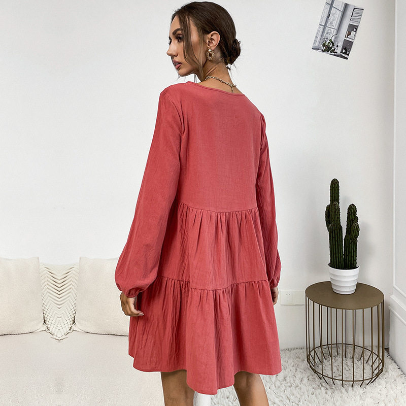 Loose Fit Long Sleeve Dress Cotton Linen Blend Pleated Design Vibrant Red Casual Wear for Spring and Summer
