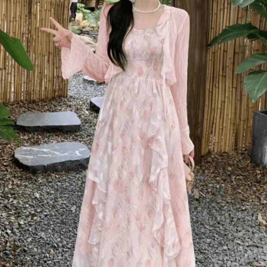 Lace A Line Midi Dress with Waist Tie Floral Print for Summer Vintage Style Wholesale factory direct