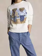 Rl~24 New Classic Cartoon Pattern Round Neck Embroidered Bear Curled Round Neck Loose Knitwear Women's Top