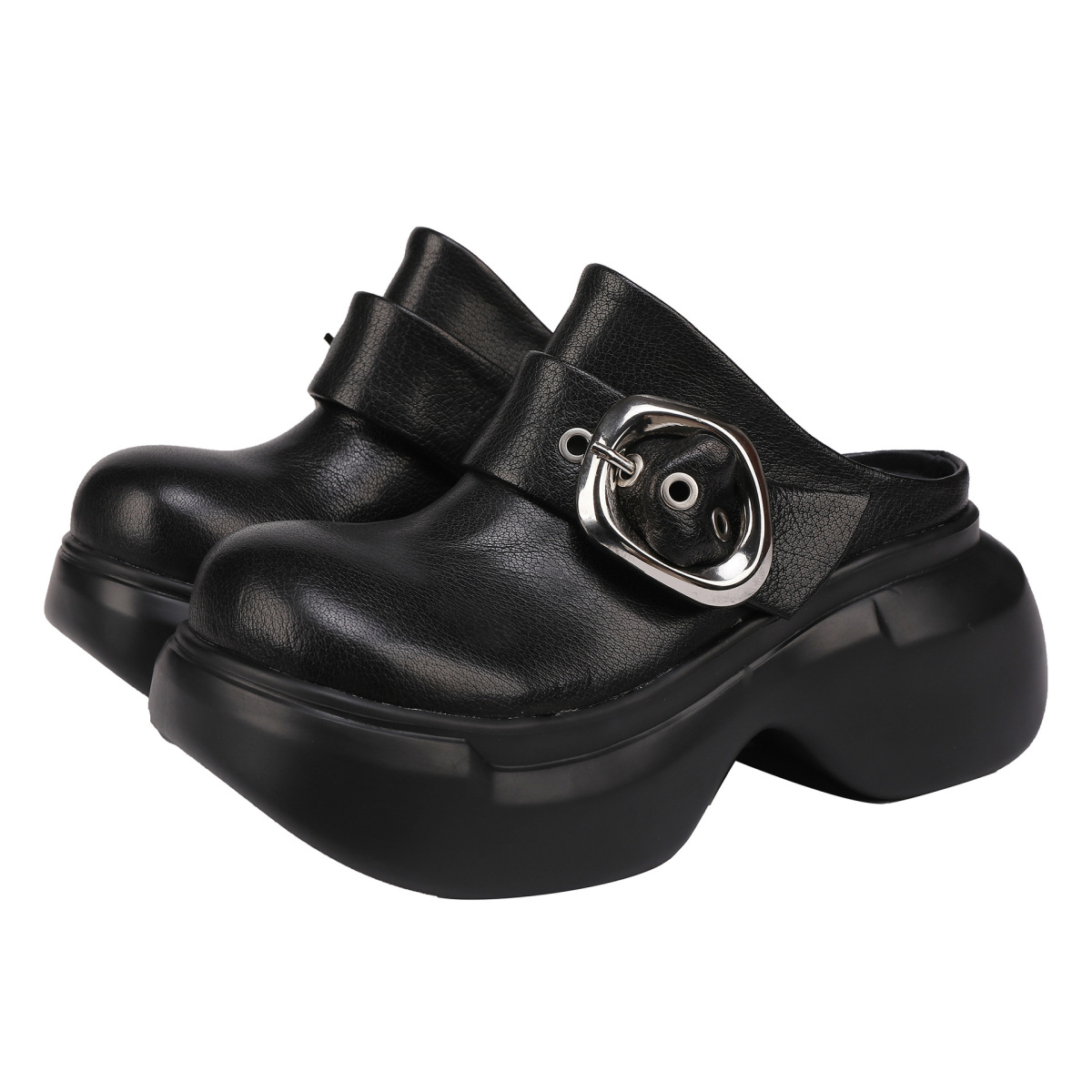 Sandal nữ quai ngang bít mũi đế dày da bò thật phong cách cổ điển — màu đen, Màu nâu