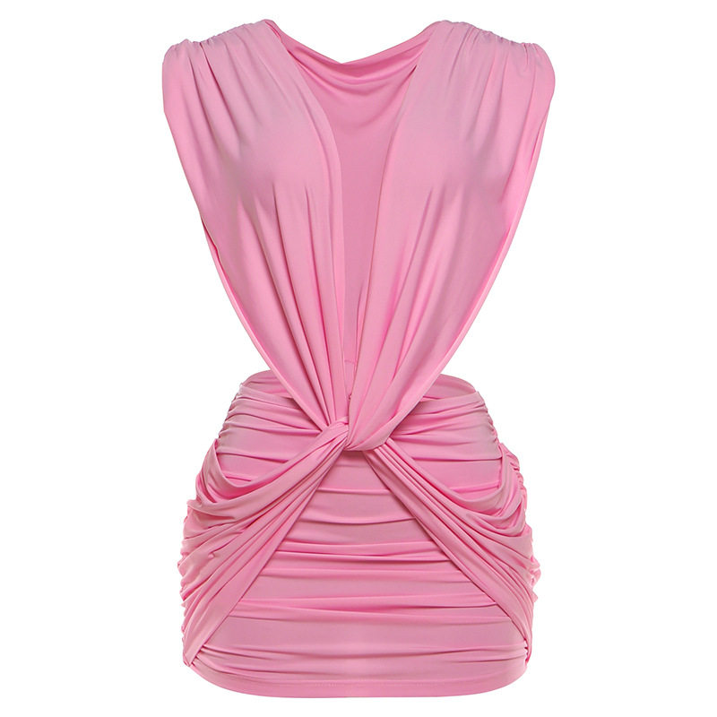 欧美风2026春季新款女装纯色深V领性感修身包臀褶皱无袖连衣裙女