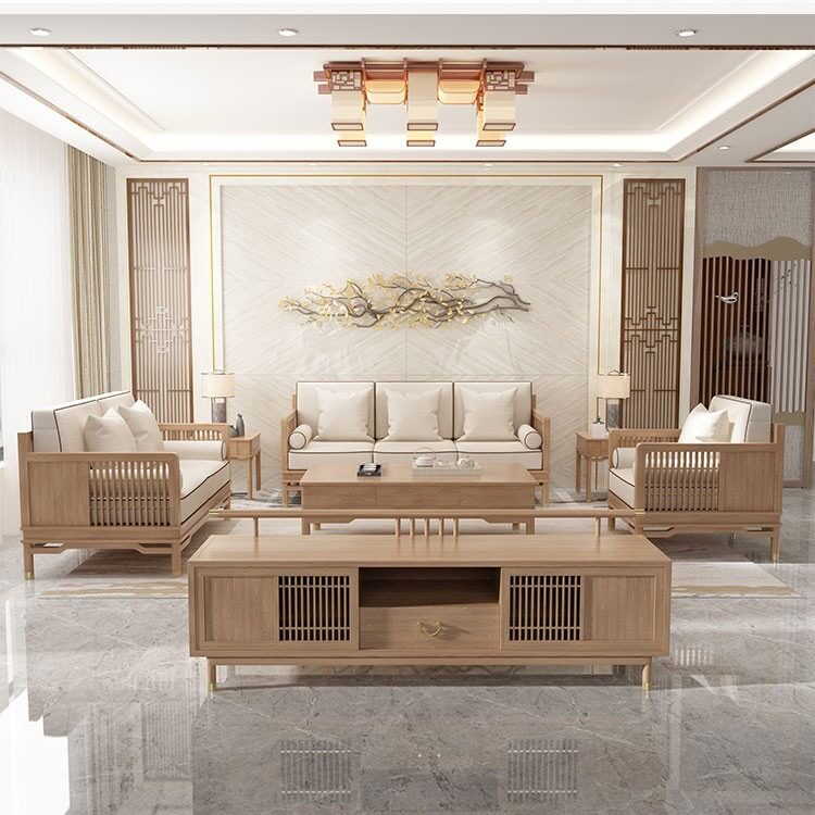 新中式全实木沙发组合白蜡木客厅小户型三人位木质布艺沙发家具