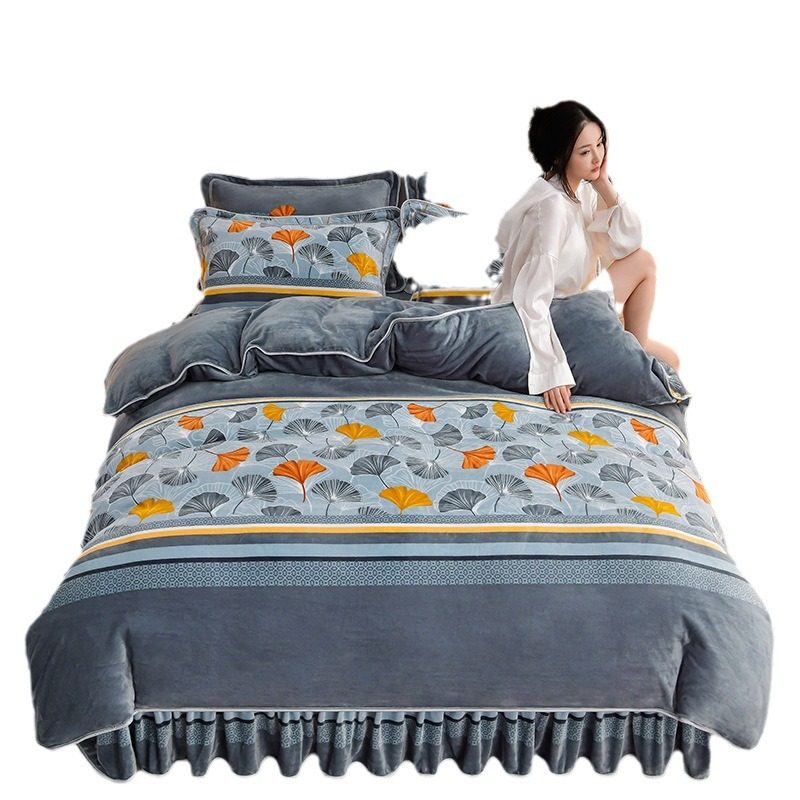 Thickened Milk Velvet Four-Piece Set Single Double-Sided Velvet Bed Skirt Autumn and Winter Household Kit Live Hair