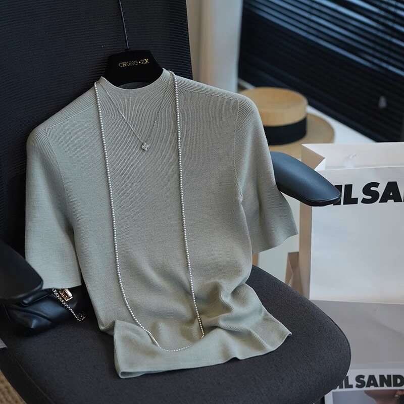 เสื้อเชิ้ตตัวในถักแขนสั้น คอเต่าครึ่งตัวแบบไร้ตะเข็บ ผ้าวูลปั่นละเอียด 100% สำหรับผู้หญิง ทรงสลิมฟิต ฤดูใบไม้ผลิ น้ำหนัก 909 กรัม