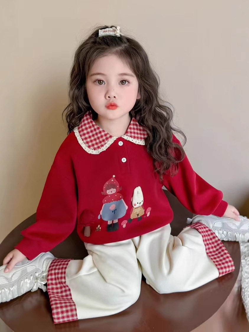 Girls' Hoodie Set, New Autumn Collection, Toddler Fall Mushroom & Bunny Print, Red Stylish Plaid Patchwork Color-Block Outfit