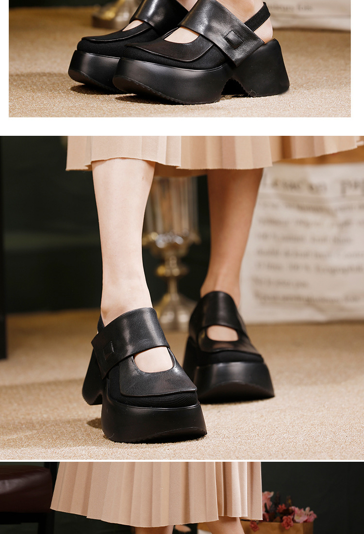 Sandal nữ quai ngang đế dày da bò thật mũi tròn — màu đen