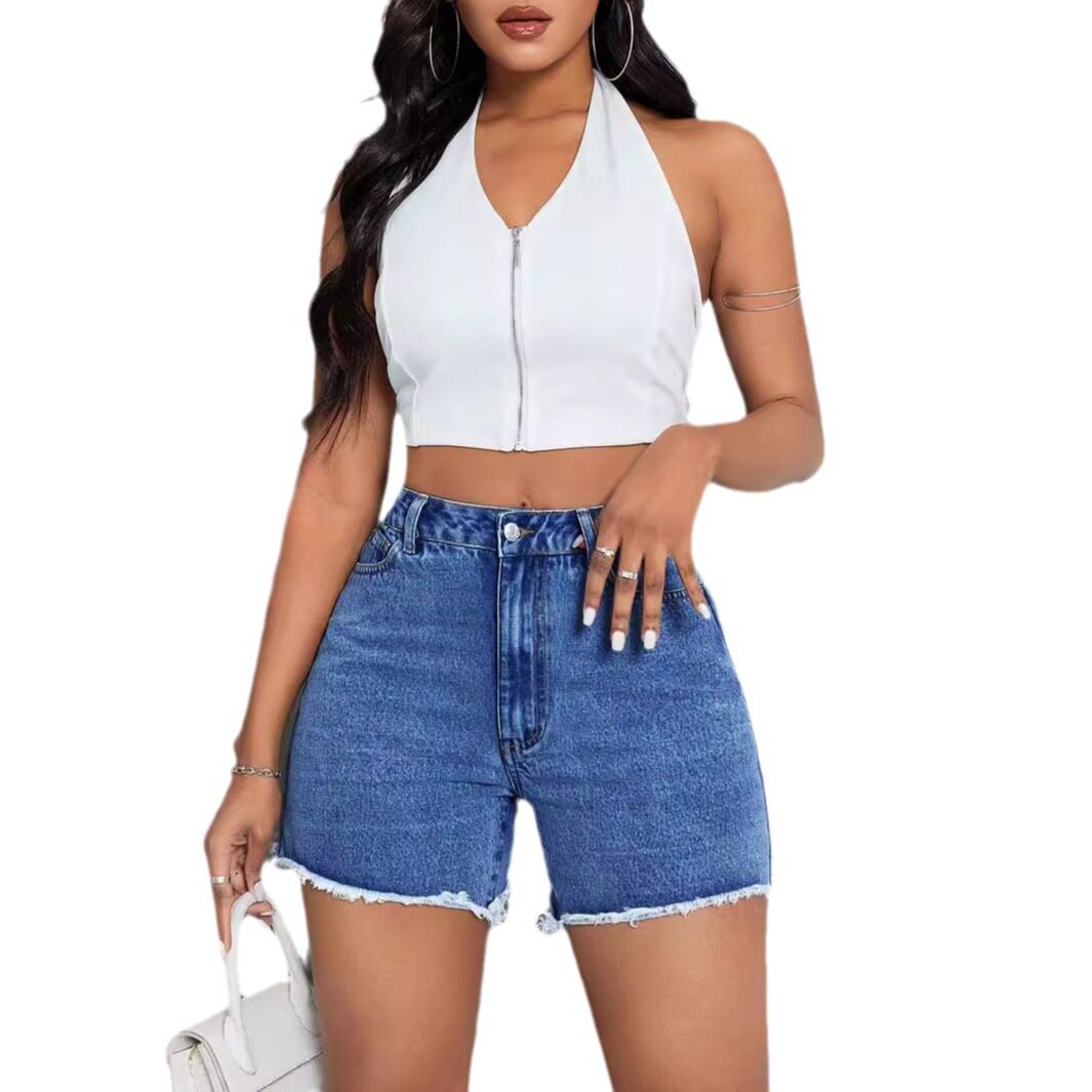High Waisted Loose Fit Denim Shorts Frayed Hem Fashionable Style Casual Wear Ready to Ship Wholesale Available