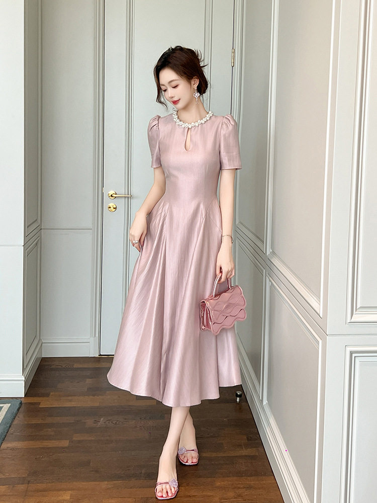 Đầm maxi nữ tay ngắn cổ tròn thắt eo dáng suông — [Đen], [Xanh bạc hà], [Tím]