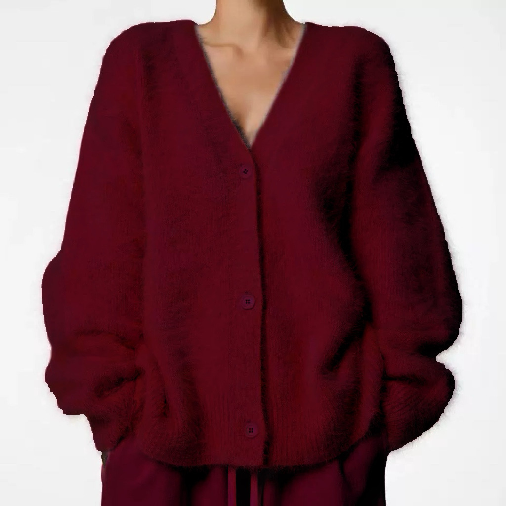 2025跨境热卖春秋仿貂开衫女慵懒风宽松毛衣外套柔软长袖针织衫女