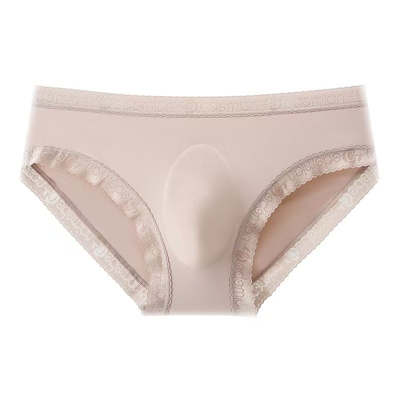 New Men's Underwear Ice Silk Sexy Soft Lace 3D Convex Bag Single Layer Translucent Briefs Wholesale