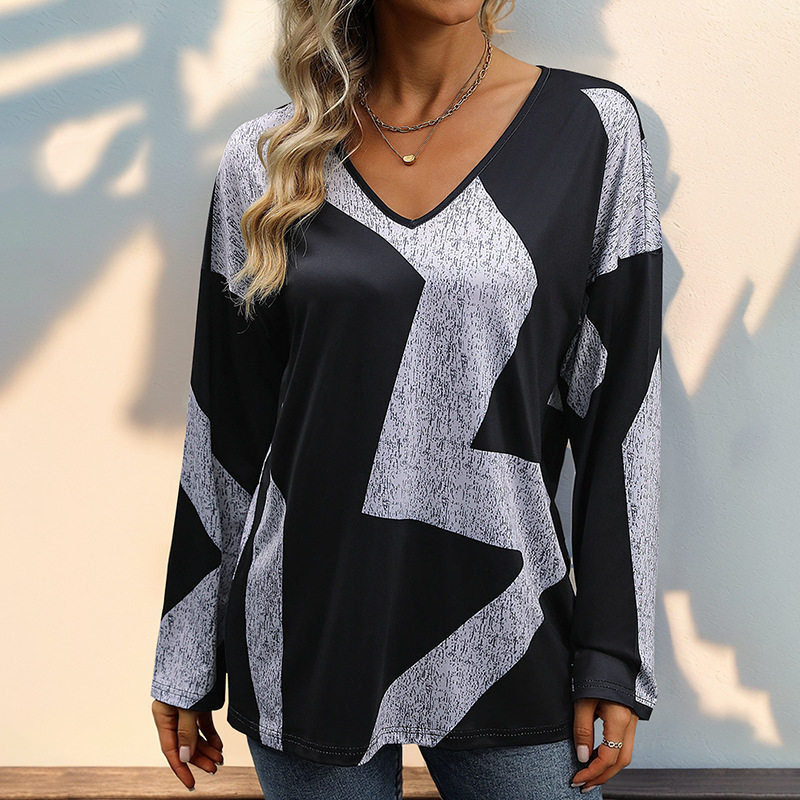 Casual Color Block Long Sleeve Top for Women Loose Fit Autumn Style Comfortable Fabric Wholesale Available
